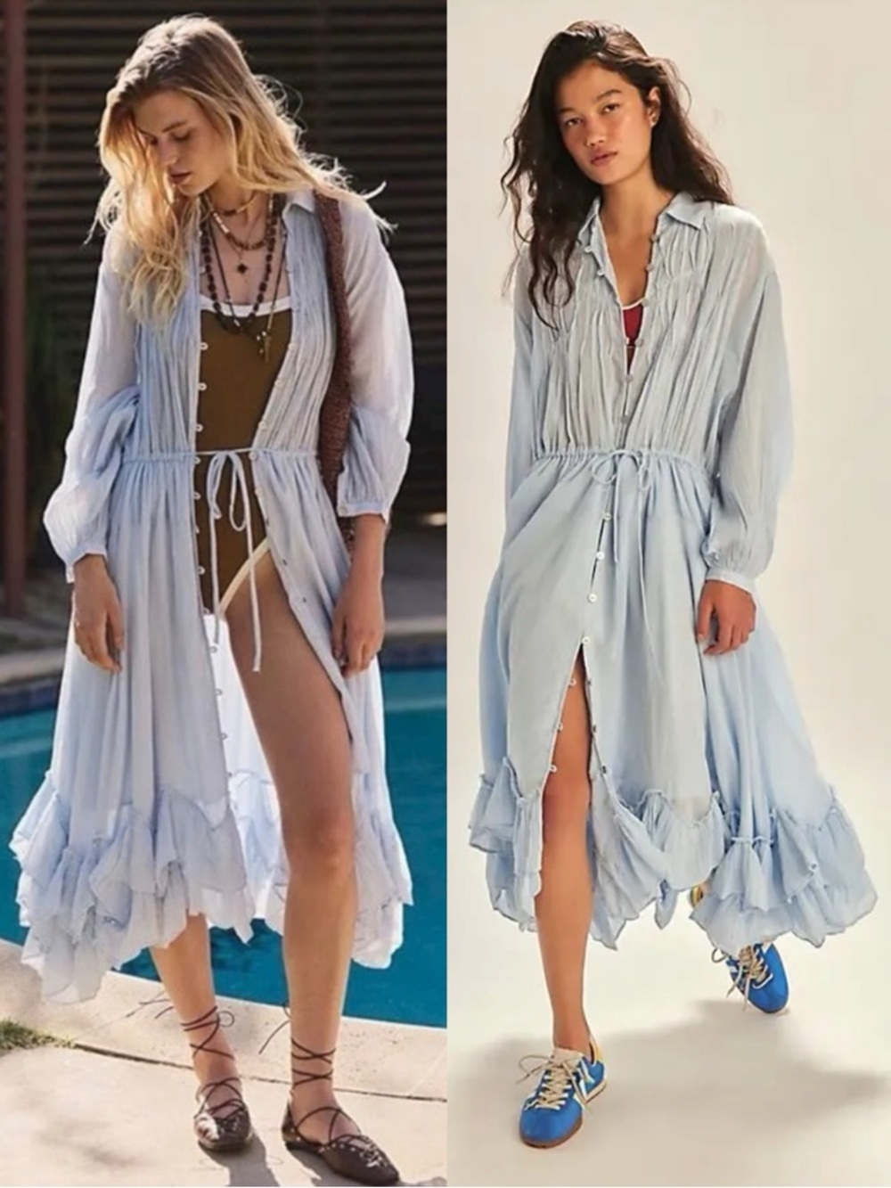 Free People Ethereal Dainty Bohemian Sea La Vie Midi Maxi Dress Duster Blue Med